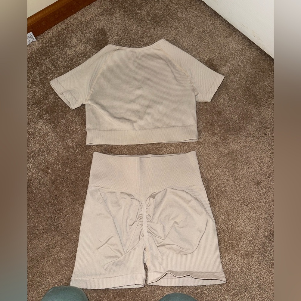Beige Ribbed Two-Piece Workout Set - Picture 2 of 3